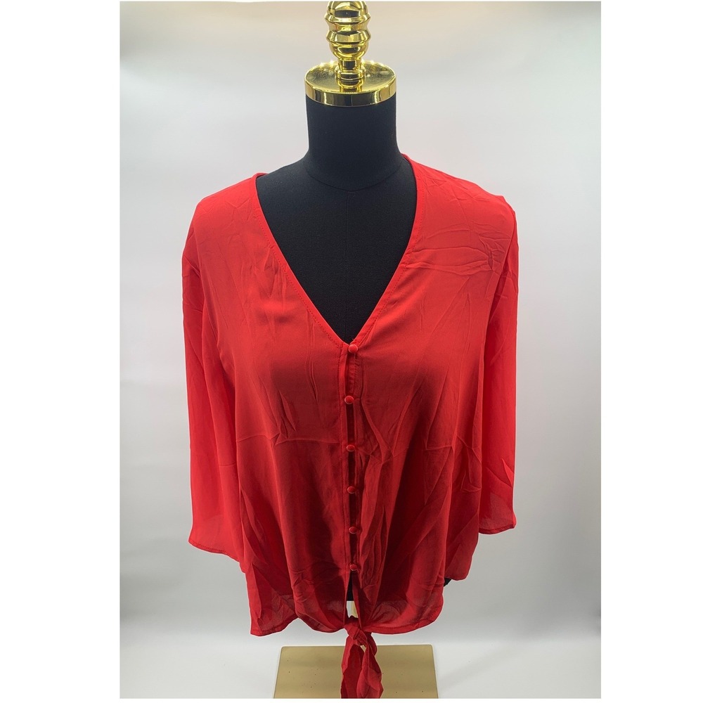 Kancystore Red V-Neck Button Down Tie Front Blouse 3/4 Sleeve Top XL NWT